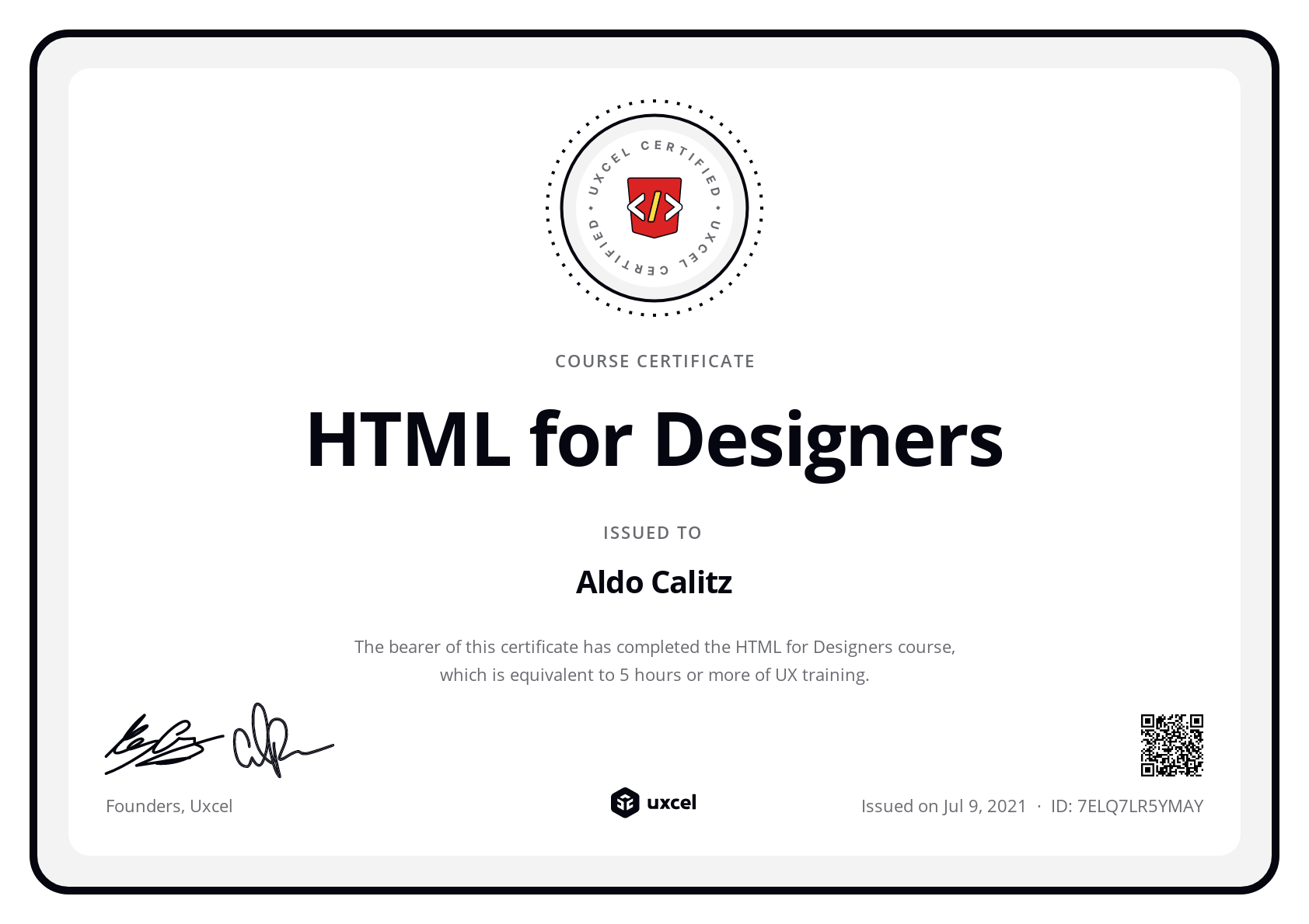 Aldo Calitz's certificate